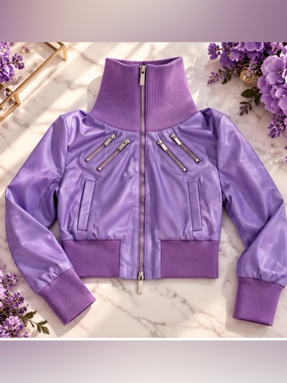 Lavender Purple Faux Leather Cropped Moto Jacket – High Neck